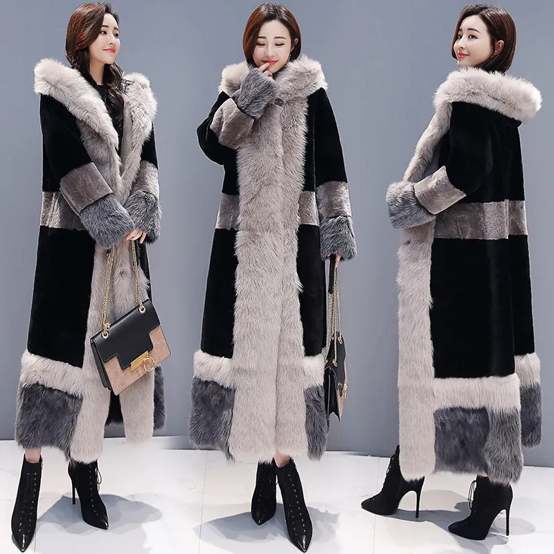 New Autumn Winter Faux Fur Coat Women Clothes Plus Size fur collar Hooded Fashion Elegant Thick Warm Long Parkas Coat X944