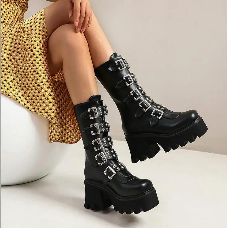 

Sexy Buckle Women Leather Autumn Boots Block Heel Gothic Black Punk Style Platform Shoes Female Footwear High Quality plus size
