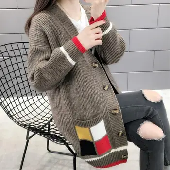 

2019 Autumn Pockets Contrast Color Loose Sweater V-Neck Long Sleeve Knit Cardigan Casual Single Breasted Jumper Coats