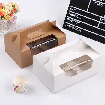 

DIY Vintage White Kraft Paper Cupcake Candy Dragee Box Cake Box with Clean PVC Window Wedding Party Favors Box Cake Packaging