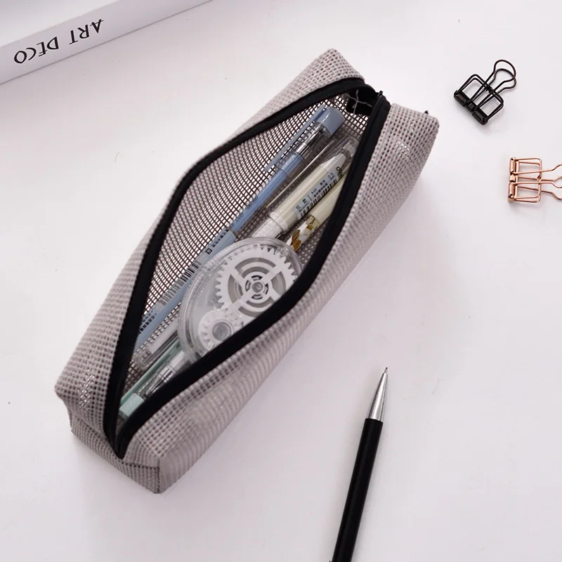 

High quality Solid color transpare pencil case simple mesh zipper bag student Mesh storage bag student Education Office Supplies