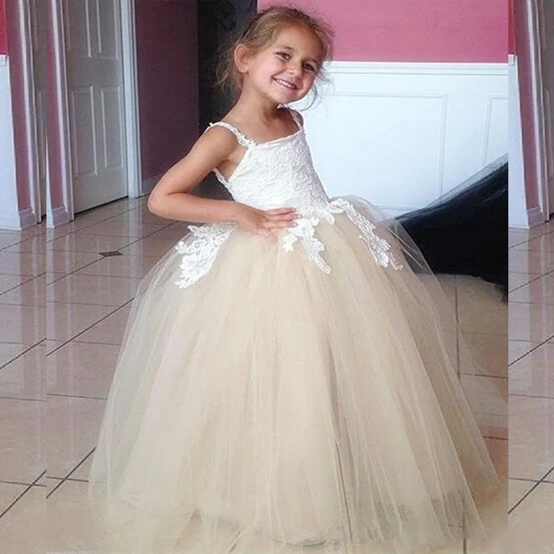 white and champagne flower girl dress