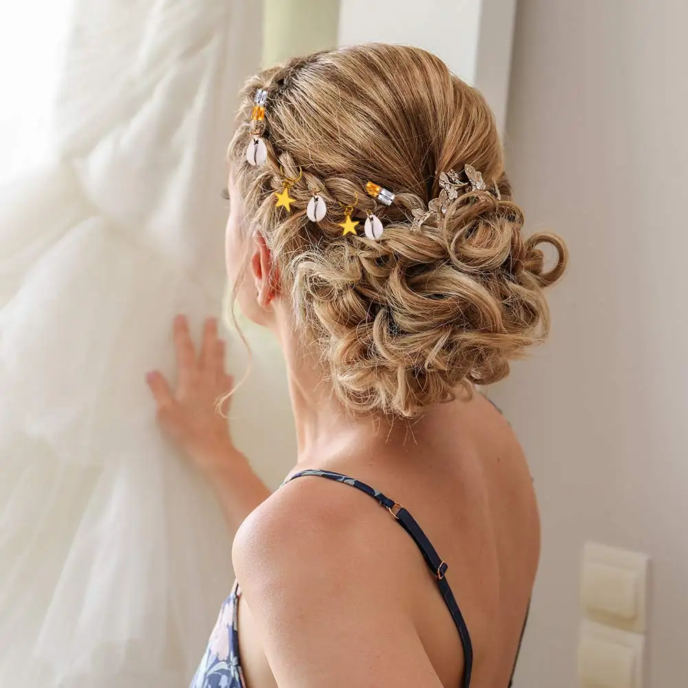 Anéis de Cabelo Bobinas de Cabelo Pingentes de Cabelo Dreadlocks Grânulos Metal Cabelo Punhos Concha Encantos Trança Decoração Clipes 158 Pçs 4 anéis de cabelo concha encantos bobinas de