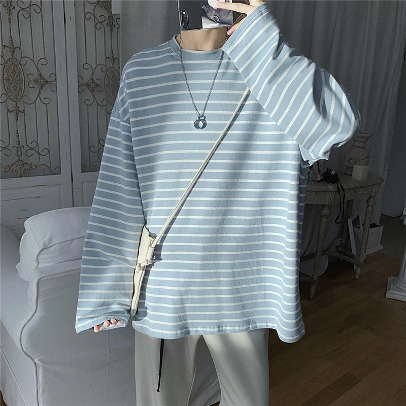 

Long-sleeved T Shirt Men's Fashion Cotton O-neck Striped T-shirt Men Streetwear Wild Loose Hip Hop Tshirt Mens Tops M-2XL