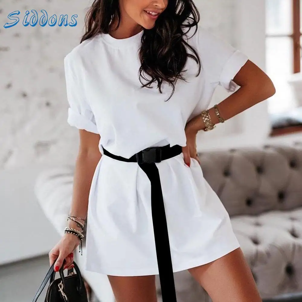 

SIDDONS Hot Summer Women Casual Loose Mini Dress With Belt Ladies Streetwear Solid O Neck Short Sleeve Tops Female T Shirt Dress