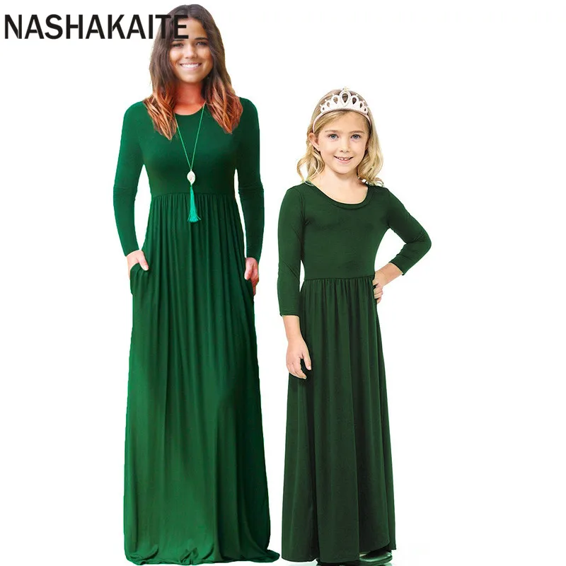 NASHAKAITE/платье для мамы и дочки; сезон осень-зима; однотонное платье до щиколотки с длинными рукавами; семейный образ; одежда для мамы и дочки