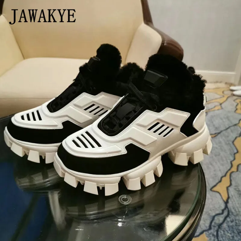 Winter Mountain Trainers Boots Mixed Color Lace Up Platform Shoes Woman Round Toe Runway Sneakers Warm Plush Casual Snow Boots