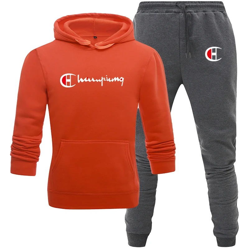 Orange Dark gray Спортивный костюм, мужской спортивный флисовый плотный брендовый костюм с капюшоном, повседневный спортивный костюм, мужская куртка+ штаны, теплая зимняя толстовка с мехом внутри - Цвет: Orange Dark gray