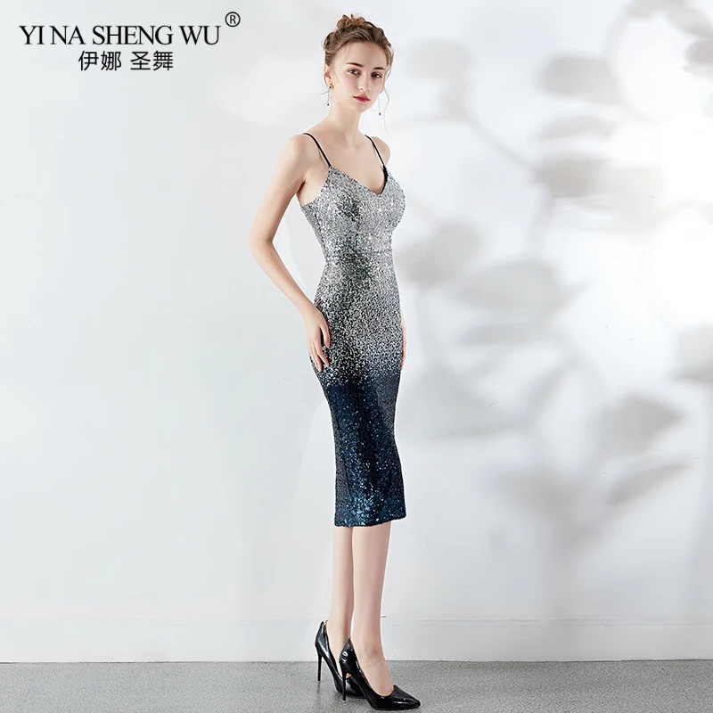 New Evening Gown Knee Length Sequin Backless Straps V-neck Vestito Cerimonia Donna Dress Women Sexy Sling Sequin Party Dress