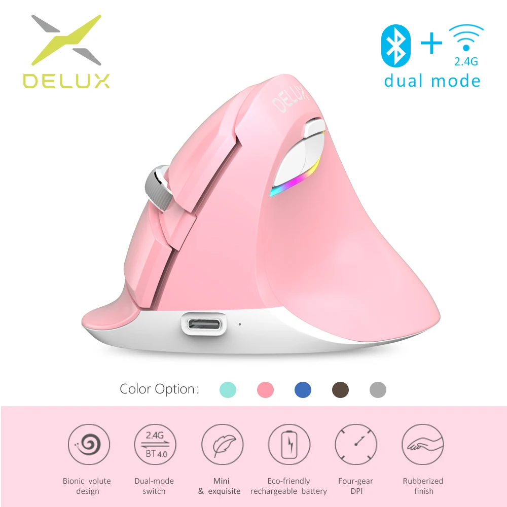 Ceny Delux M618 Mini Bluetooth + bezprzewodowa mysz 2.4 ghz ciche kliknięcie ergonomiczna ładowalna mysz pionowa RGB dla użytkowników z małymi dłońmi