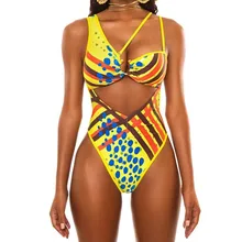 Африканский принт, открытый купальник, цельный женский купальник с высокой посадкой, Женское боди с поясом, Женский Монокини на одно плечо