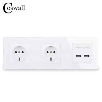 

COSWALL Wall Crystal Glass Panel Double Power Socket Grounded 16A EU Electrical Outlet With Dual USB Smart Charging Port 5V 2A