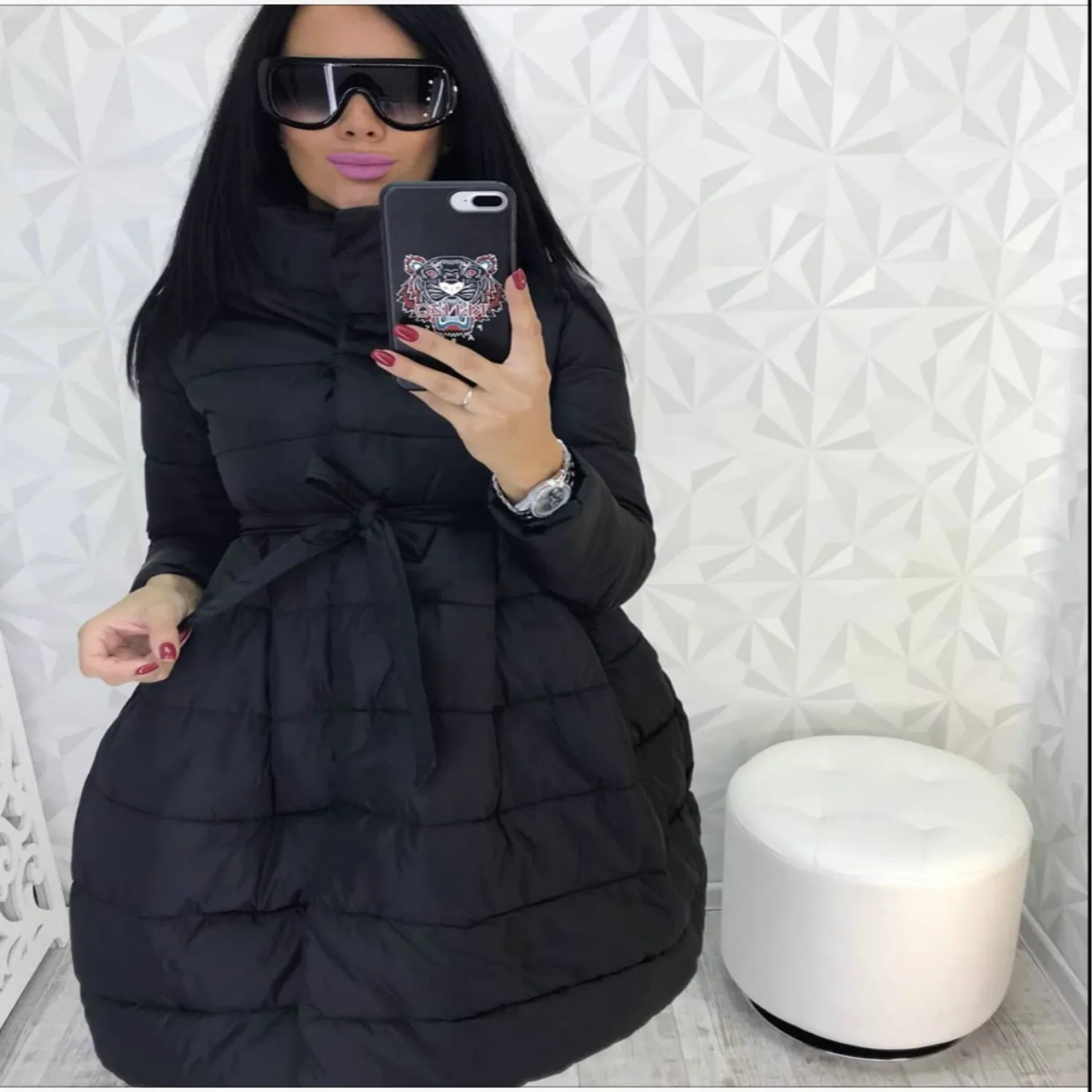 

Women Cotton Padded Clothes With Medium And Long Warm And Big Swing Bow Belt Thickened Stand Collar