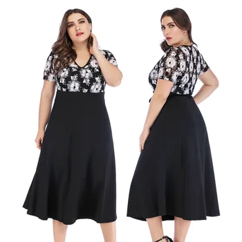

Plus Size Women Summer Dress Patchwork Flower Large Size Evening Party Lady Midi Dress Sexy Lace Calf Elegant Female Dres