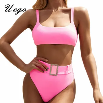 

Uego 2020 High Waist Pink Women Swimwear Crystal Diamond Belt Sexy Crop Top Thong Bikini Set Push Up Beachwear Swimsuit Biquin