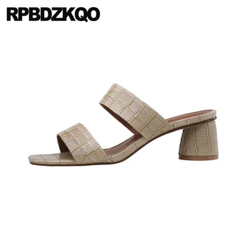 

genuine leather 2019 runway slip on sandals thick high quality slippers chunky pumps block luxury shoes women designer slides