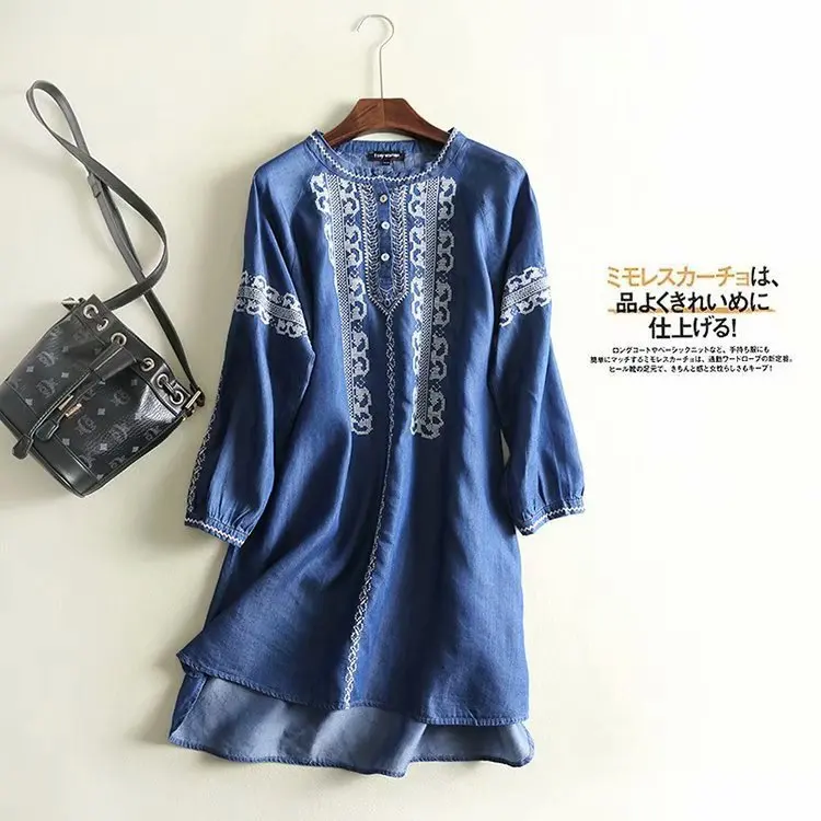 

WOMEN'S Dress Three-quarter-length Sleeve Embroidered Tencel Computer Cable Lock Mid-length Crew Neck Loose-Fit Slimming Skirt S