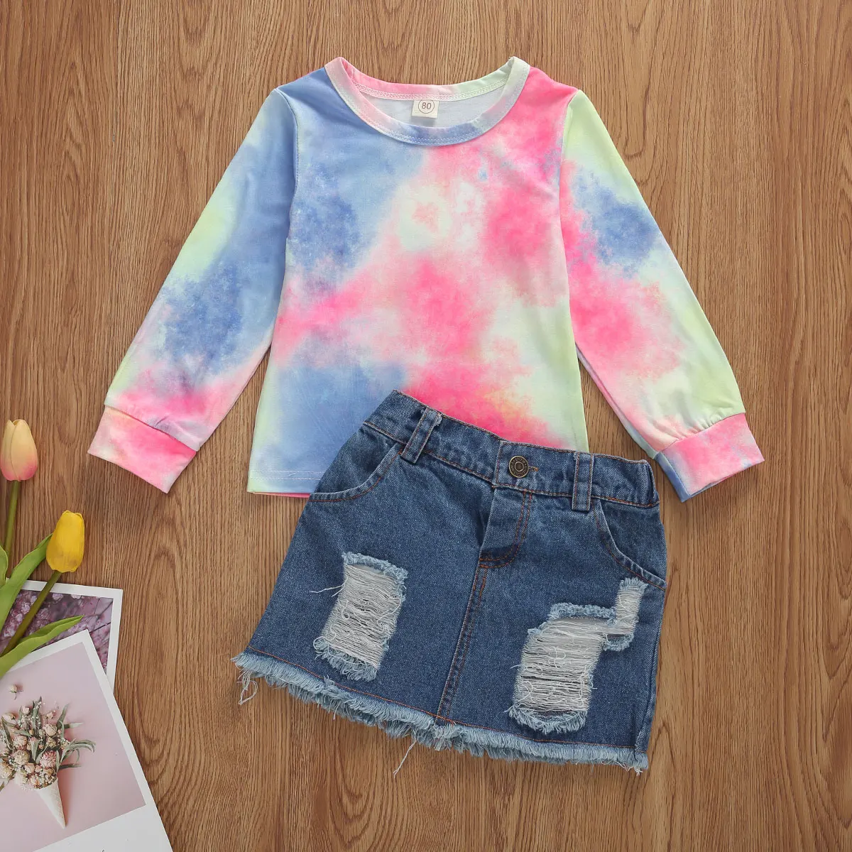 New Cheap Baby Girls Outfit T Shirt Denim Skirt Set JKP4448