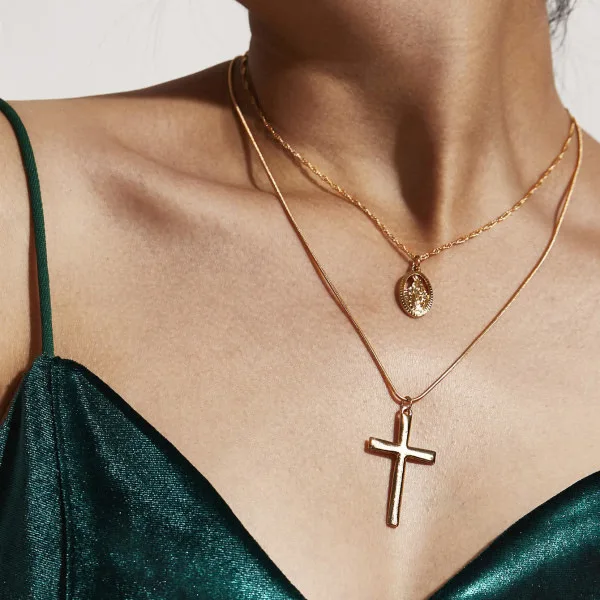 

Religious Series Hot Sales New Products Classic Cross Blessed Virgin Mary Pendant Necklace Multilayer Coin Necklace