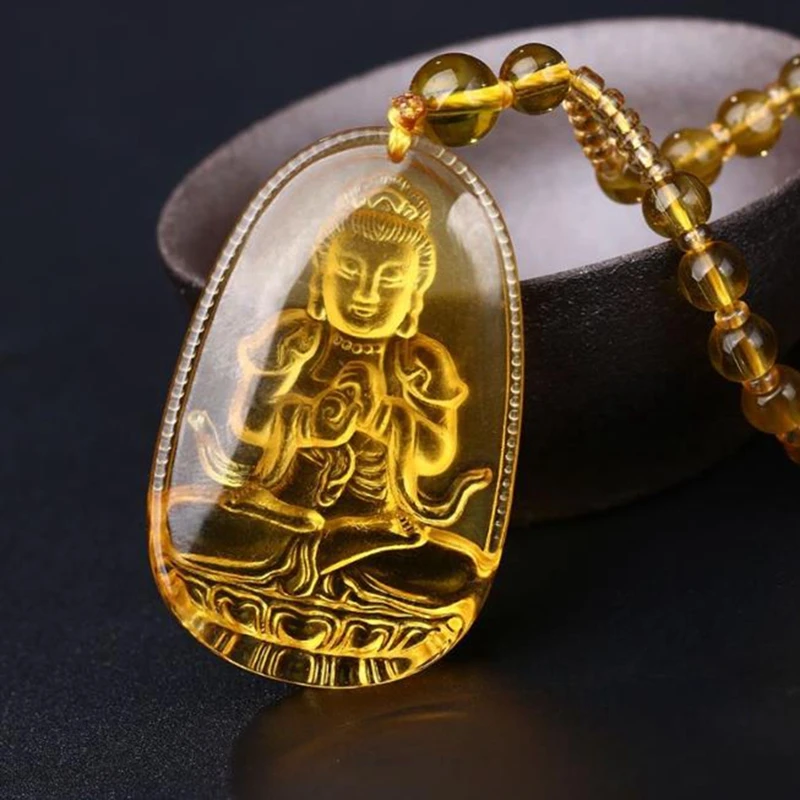 Buda guardián colgante de dioses Collar para Mujeres Hombres tallados amarillo piedra amuleto de joyas de collares