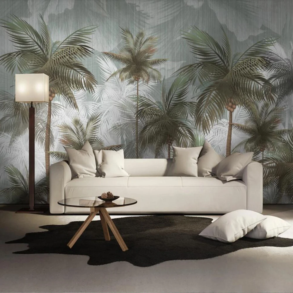 

Drop Shipping Custom Mural Wallpaper 3D Green Retro Tropical Leaves Hand-painted Plants Wall Decoration Mural Wallpaper