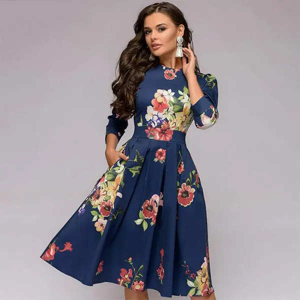 Женское элегантное платье А-силуэта, винтажные вечерние платья с принтом, рукав три четверти, женское тонкое летнее платье - Цвет: N4