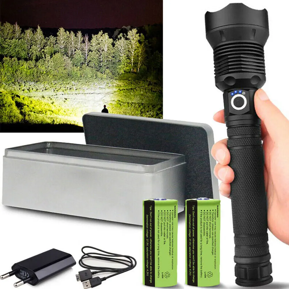 

120000 LM USB Flashlight Lamp Powerful LED Flashlight Rechargeable Zoom Torch 18650 or 26650 Battery Indicator for Camping FDX99