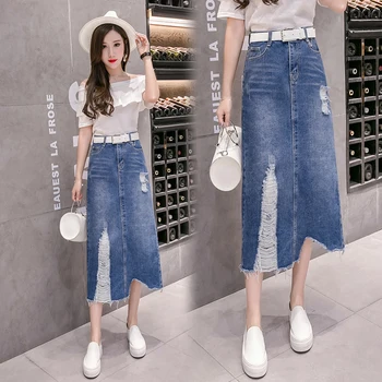

Summer Asymmetrical High Waist Ripped Denim Skirt For Women A Line Denim Midi Skirt Woman Loose Mid Long Blue Jeans Skirt