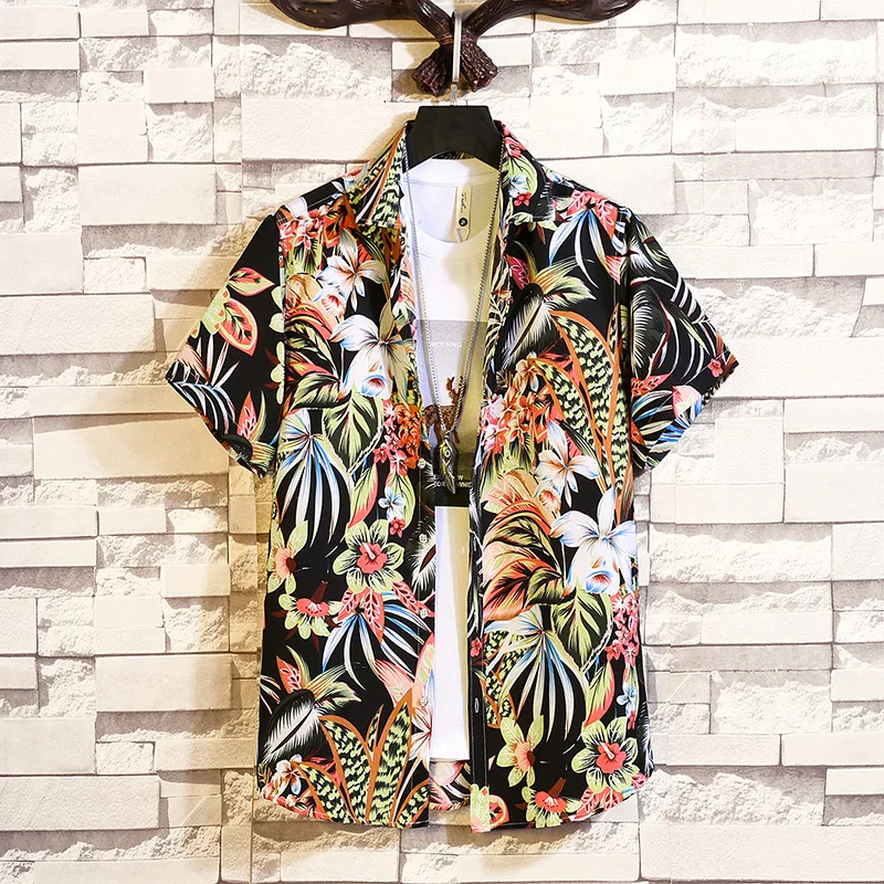 Модные повседневные рубашки с цветочным принтом и коротким рукавом Мужская