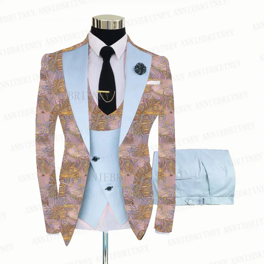 Pink Floral Printed Men Wedding Suits 3 Pieces Slim Fit Groom Shiny Jacket Prom Suit Male Double Breasted Blazer Sets