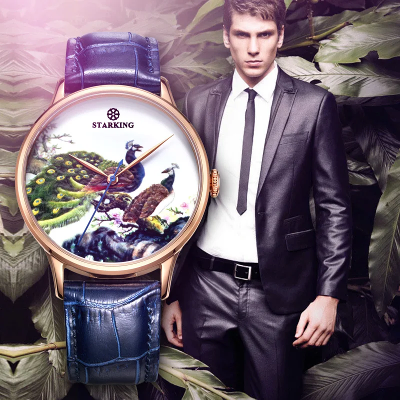 

STARKING Watch Men Famous Brand AAA Quality Colorful Peacock Dial Royal Blue Watch Unique Design Steel Business Watch Automatic