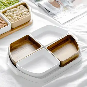 

Acacia Wood Fruit Nut Plate Innovative Compartment Ceramic Hand-polished Snacks Candy New Year Nut Living Room Home Storage Box