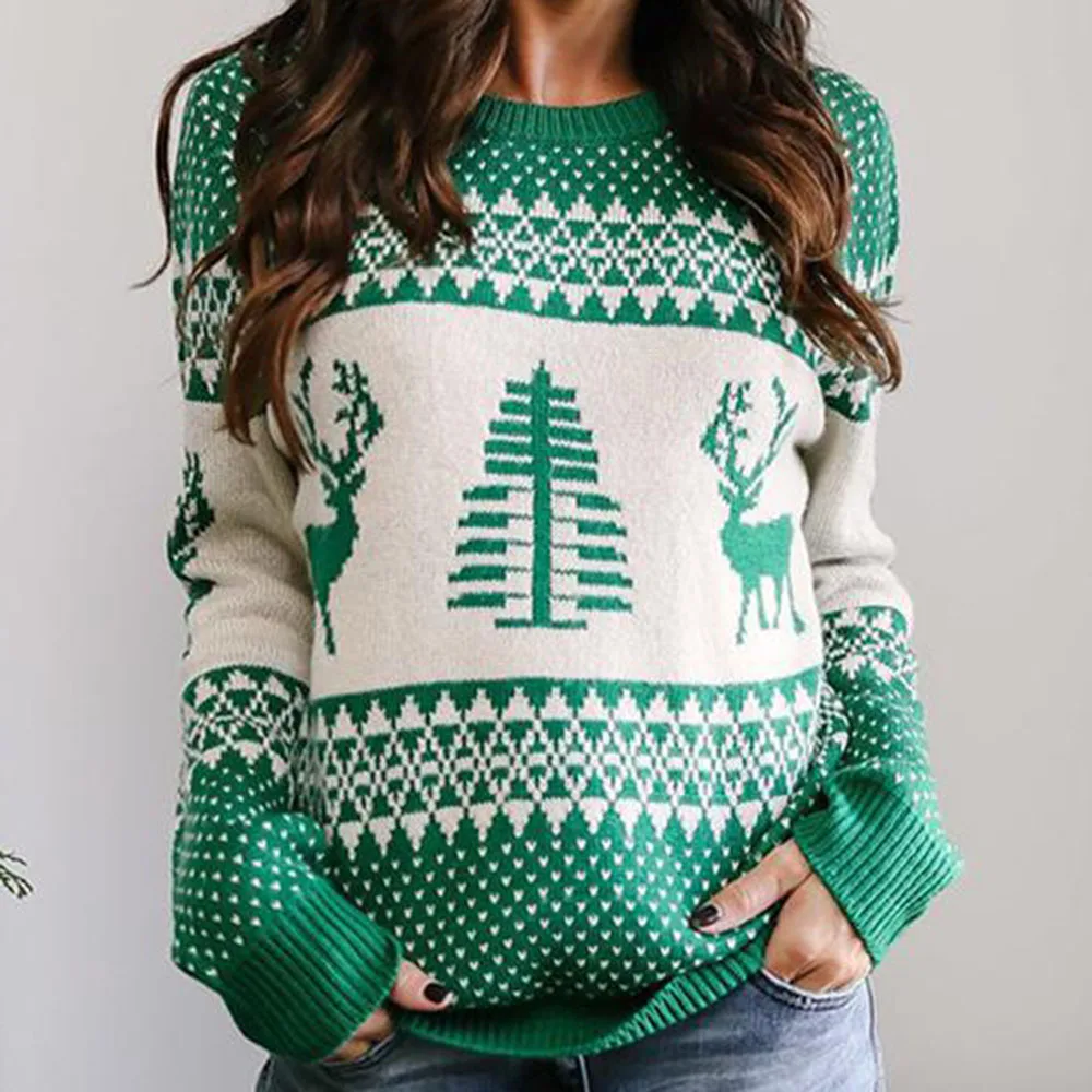 

Animal Deer Snowflake Christmas Sweater Plus Size Jumper Green Red Fashion Sweet Warm Family Knitted Tops Casual Winter Sweaters