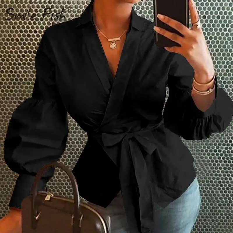 Letters Printed Wrap Kimono Bandage Blouse Women V-neck Buttons Lantern Sleeve White Shirts Office Fashion Lady 2XL Blusas M0294