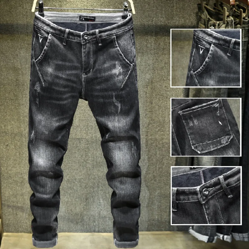 

Winter New Style Black plus Velvet Jeans Men's Elasticity Slim Fit of Skinny Pants Trousers [QQ Group: 58411717