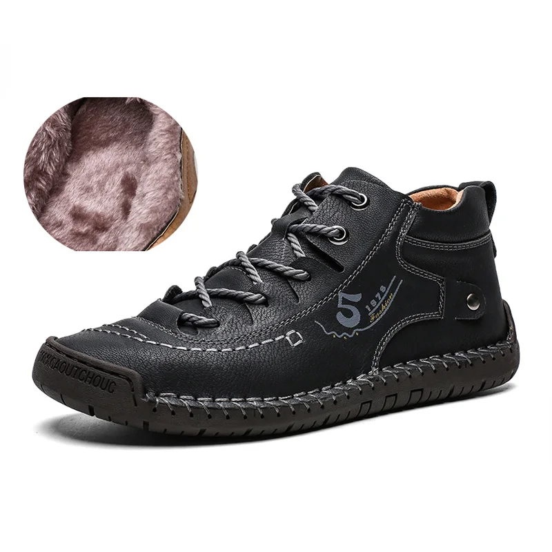 

Plus size 48 Leather Men Boots Winter with Fur Warm Snow Boots Men Winter Work Casual Shoes Sneakers High Top Rubber Ankle Boots