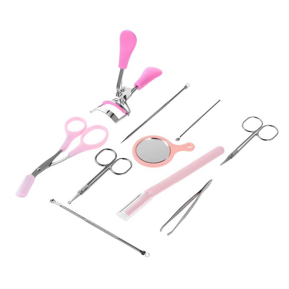 

10pcs/set Makeup Eyebrow Tools Set Eyebrow Tweezers Trimmer Scissors Razor Eyelash Curler Mirror Earpick Acne Pin Extractor Tool