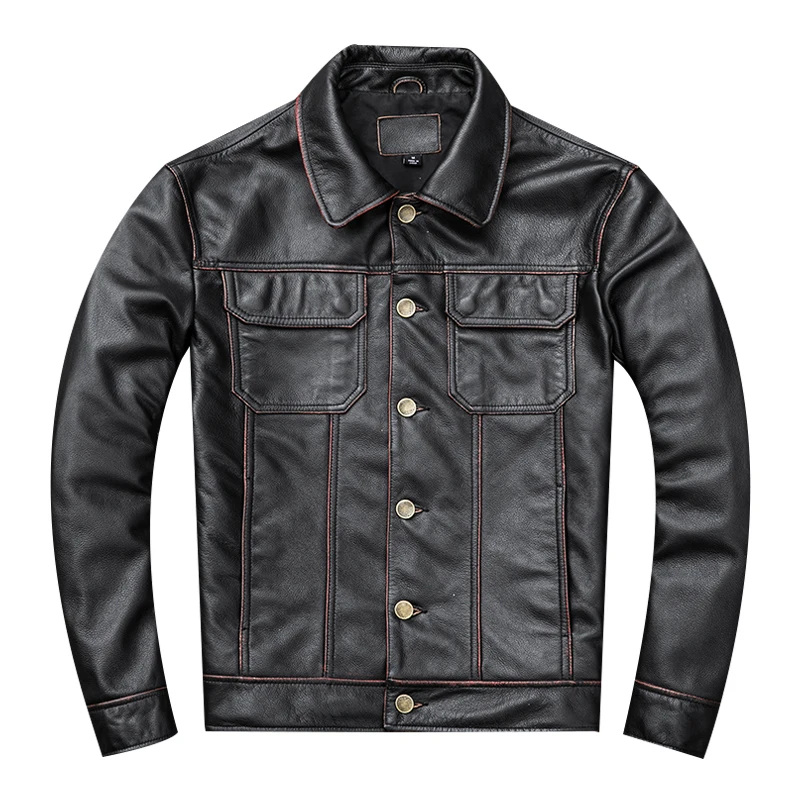 

Free shipping,2020 style handsome leather jacket.fashion young men genuine leather coat.vintage cowhide jackets.short slim