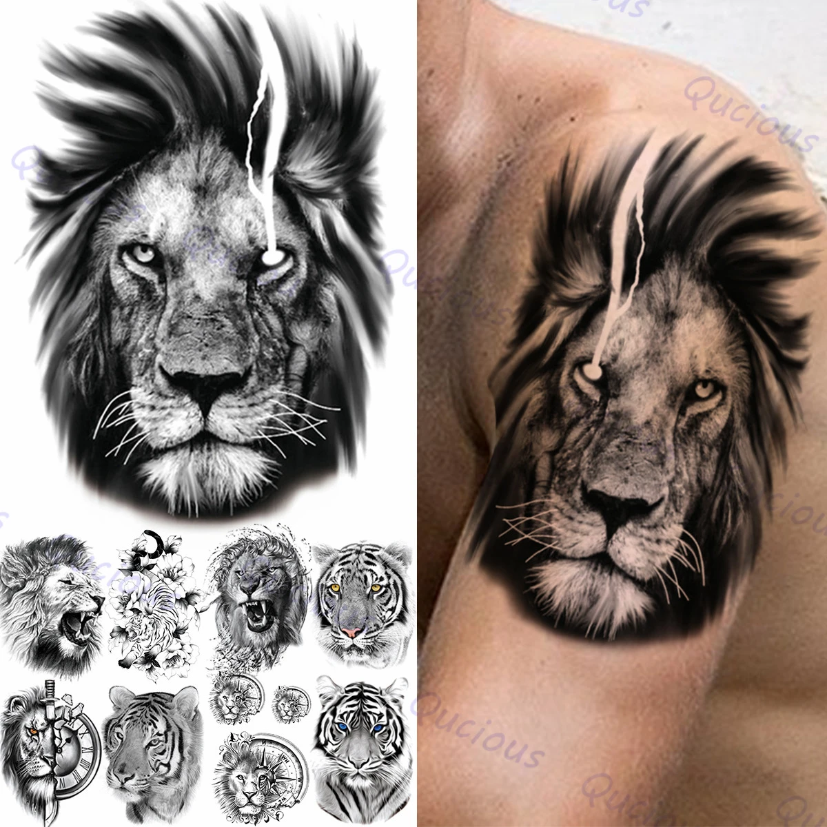 Diy Black Lion Temporary Tattoos For Men Adult Realistic Fake Tiger Compass Animal Tattoo Sticker Large Wash Tatoo Arm Chest Temporary Tattoos Aliexpress
