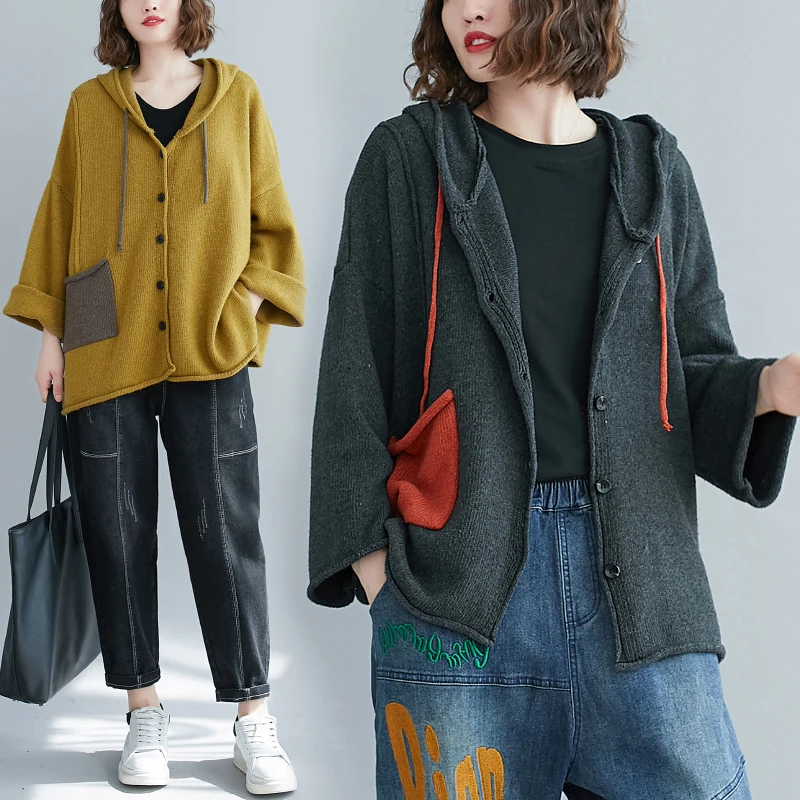 Cárdigan de punto con bolsillo para mujer, suéter holgado de talla grande, estilo coreano, con contraste de Color, para invierno y otoño