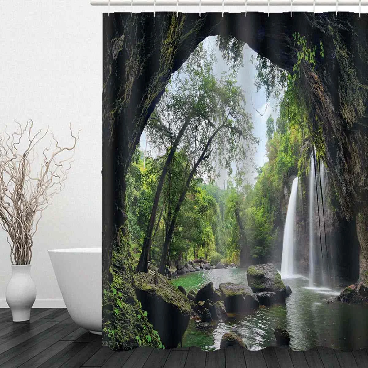 3D водопад вид лес пейзаж ванная комната набор Водонепроницаемый волокно занавеска для душа Противоскользящий коврик для ванной комплект сиденье для унитаза ковер - Цвет: Белый