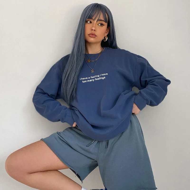 

Casual Women Sweatshirts For Autum Full Sleeve Solid Blue Letter Print Loose Streetwear Fashion Female Office Lady Pullovers Top
