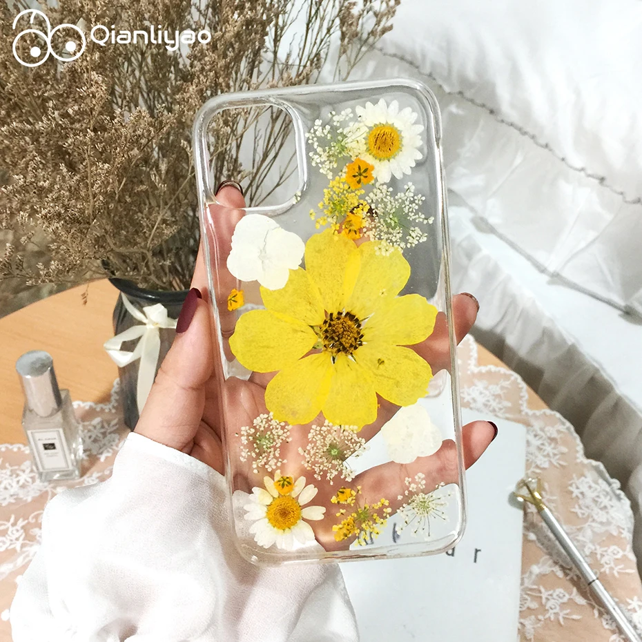 

Qianliyao Real dried flowers phone case for iphone 11 pro max X XS XR 7 8 plus 6 6s natural beauty handcraft flower soft cover