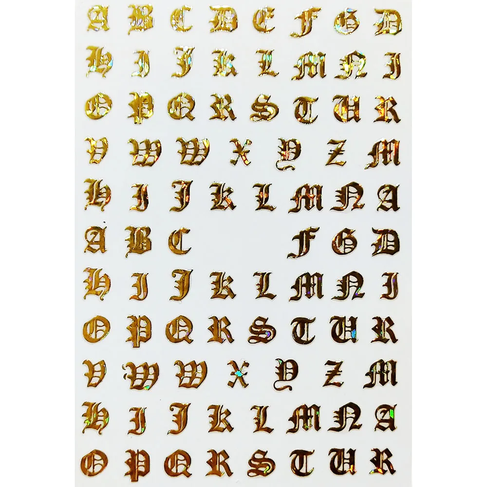 5 Sheets/Set Holographic Rose Gold Silver Laser Retro English Letter 3D Nail Art Sticker Black Text Tag Adhesive Decals TY5 |