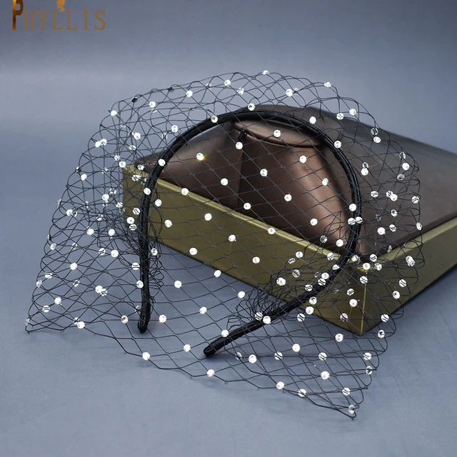 JM06 Rhinestone Women's Fascinating Veil Retro Charming Hat Bridal Veil with Headhoop Birdcage Wedding Women’s Fascinator Veil JM06-Black