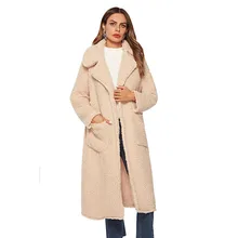 Женское длинное зимнее пальто из искусственного меха, теплая зимняя верхняя одежда, куртки с карманами и поясом, пушистое флисовое пальто с отворотом спереди