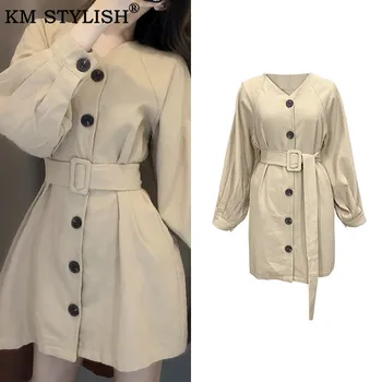 

Women's Autumn New Twill Khaki Dress vestido 2019 Vintage Elegant Commuter Single Breasted Waist Long Sleeve V-neck Dress