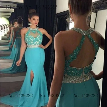 

Sky Blue Satin Beads Prom Evening Dress Mermaid Halter Backless Formal Dresses Robe De Soiree Evening Party Gown