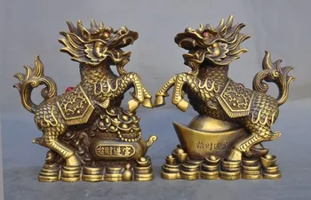 

christmas China fengshui brass Wealth Yuanbao money Kirin Unicorn Kylin beast statue pair halloween
