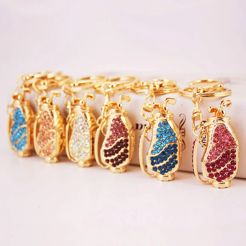 

Free Shipping 3pcs Colorful Rhinestone Crystal Metal Golf bag car keychain handbags accessories sports metal pendant key chain